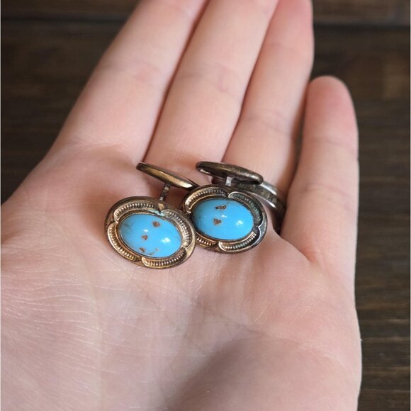 Copper & Turquoise Southwestern Style Cufflinks Vintage Western Rodeo Accessory - Picture 2 of 6